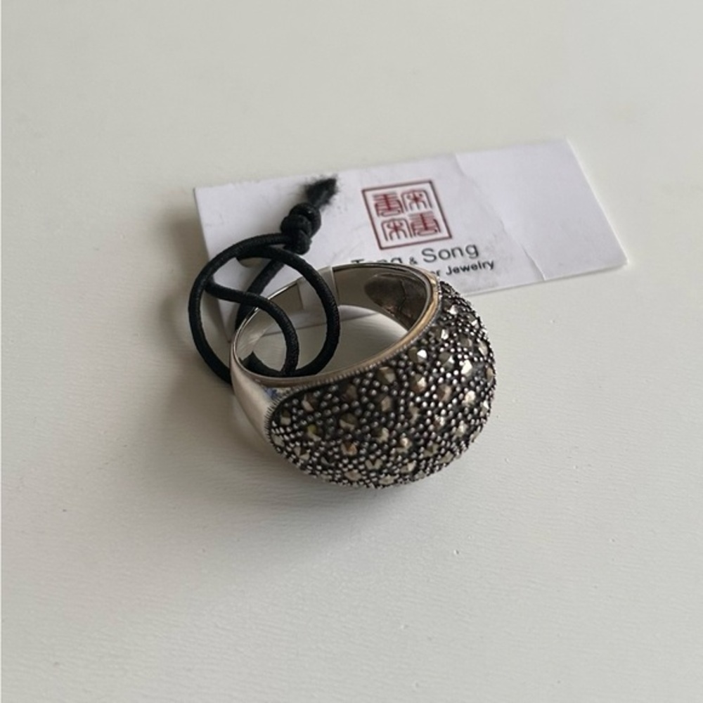 NWT TANG & SONG Sterling Silver, Marcasite, Black Ring, Size 8